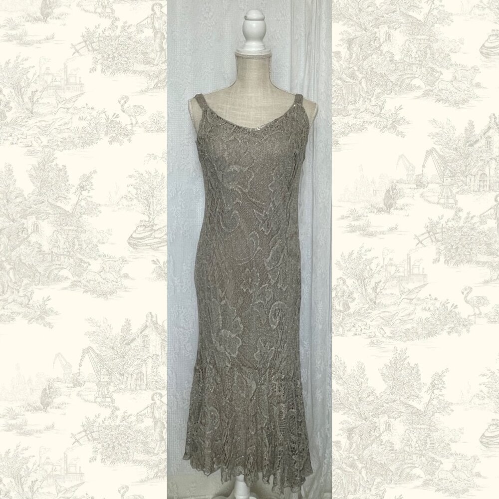 Vintage Spencer Alexis Womens Dress P/L Large Petite Gray Crochet Metallic Maxi